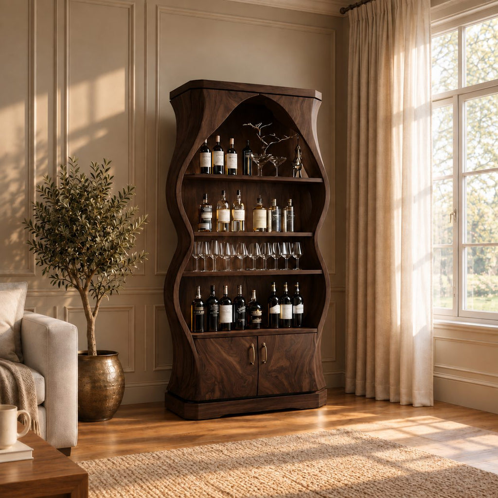 Curved Hourglass Wine Cabinet with Pointed Arch Top and Two Lower Doors, Solid Wood Bar Display Cabinet