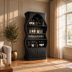 Curved Hourglass Wine Cabinet with Pointed Arch Top and Two Lower Doors, Solid Wood Bar Display Cabinet