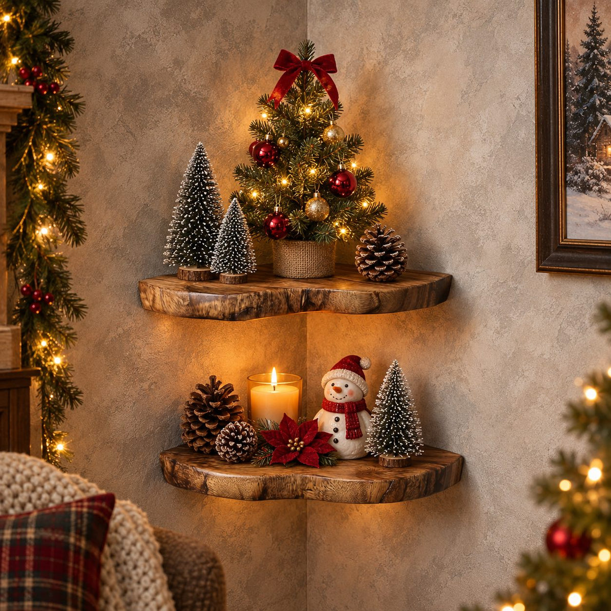 Floating Corner Shelf, Rounded Live Edge Wood Corner Wall Shelf for Living Room and Holiday Decor