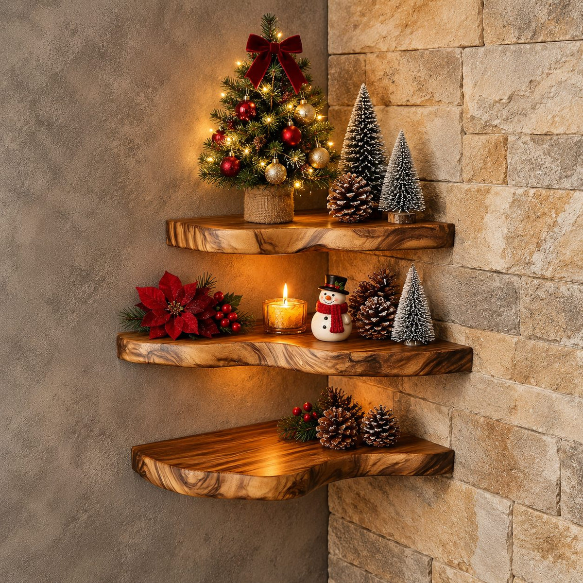 Floating Corner Shelf, Rounded Live Edge Wood Corner Wall Shelf for Living Room and Holiday Decor