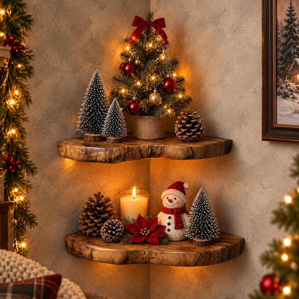 Floating Corner Shelf, Rounded Live Edge Wood Corner Wall Shelf for Living Room and Holiday Decor