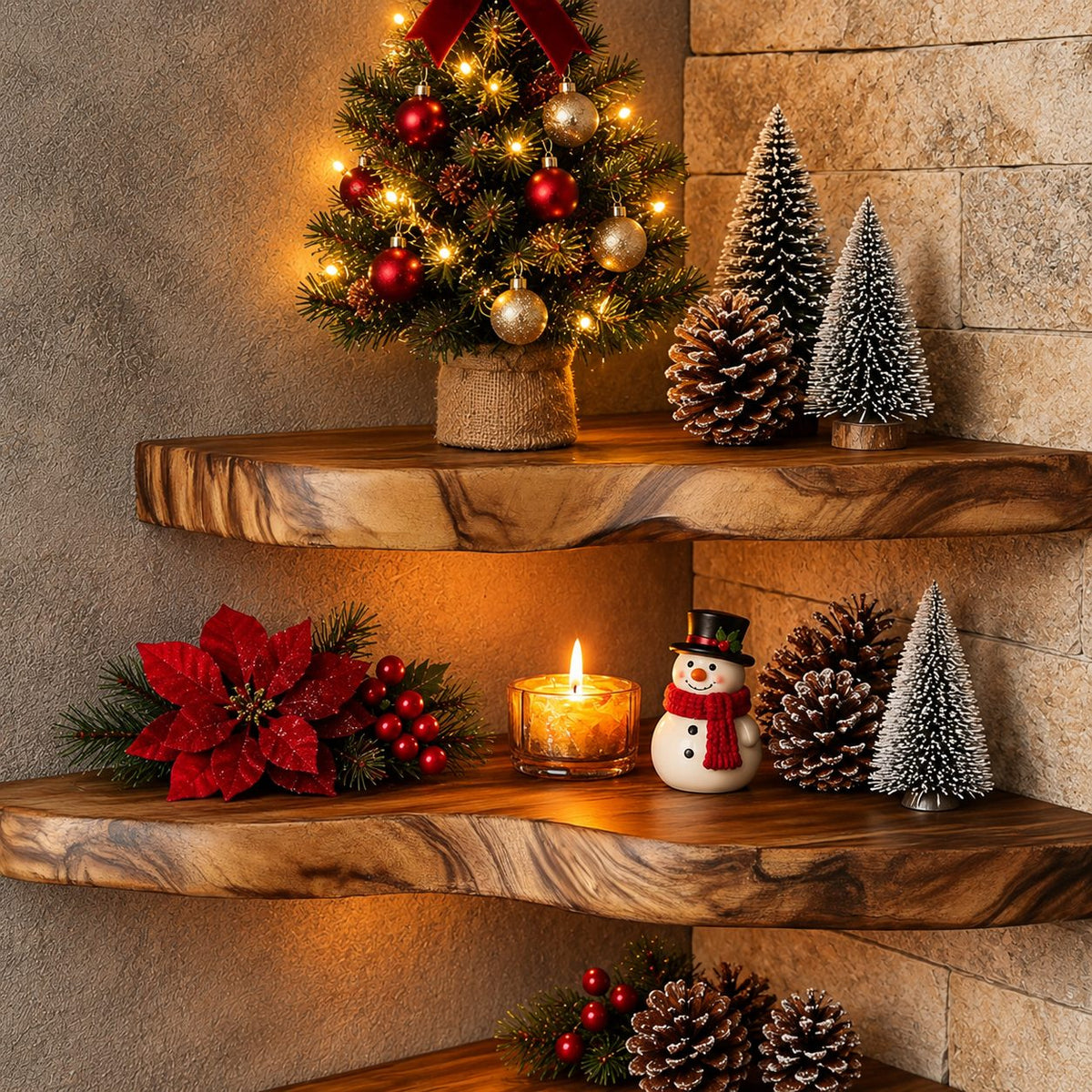 Floating Corner Shelf, Rounded Live Edge Wood Corner Wall Shelf for Living Room and Holiday Decor