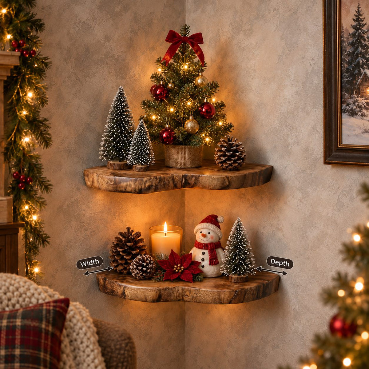 Floating Corner Shelf, Rounded Live Edge Wood Corner Wall Shelf for Living Room and Holiday Decor