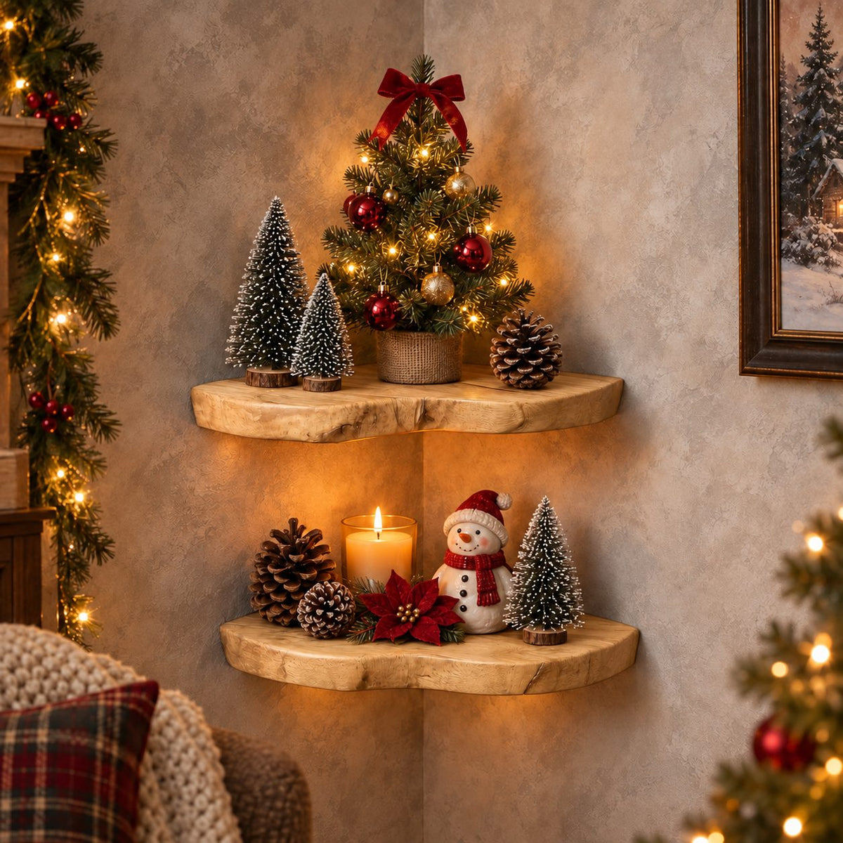 Floating Corner Shelf, Rounded Live Edge Wood Corner Wall Shelf for Living Room and Holiday Decor