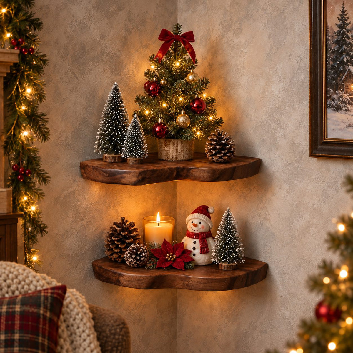 Floating Corner Shelf, Rounded Live Edge Wood Corner Wall Shelf for Living Room and Holiday Decor