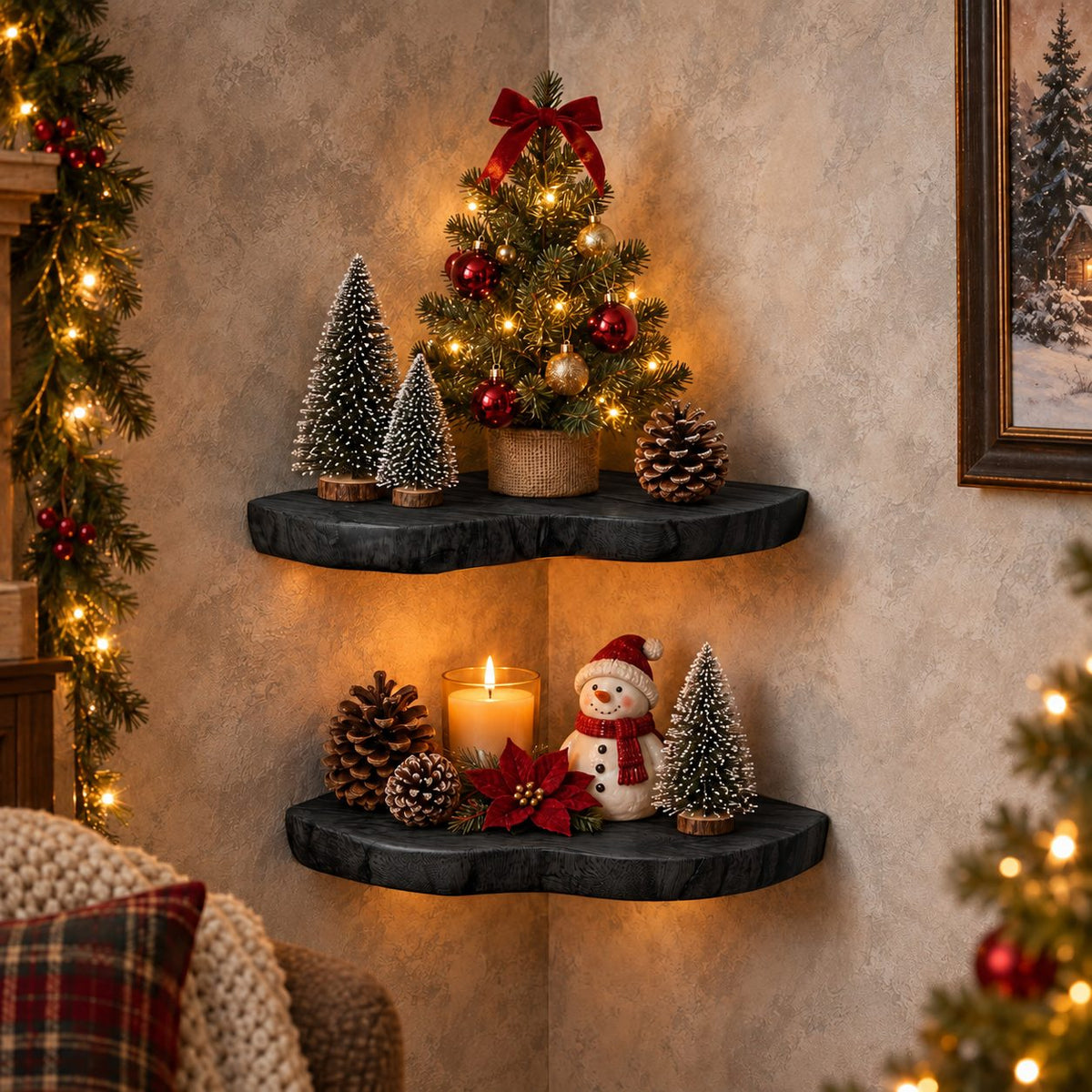 Floating Corner Shelf, Rounded Live Edge Wood Corner Wall Shelf for Living Room and Holiday Decor