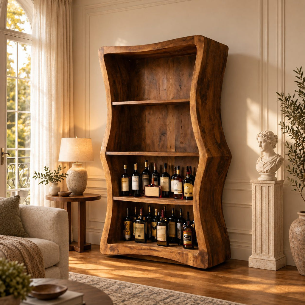 Wavy Side Panel Open Bar Cabinet with Three Display Shelves, Hand Carved Solid Wood Wine Storage