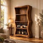 Wavy Side Panel Open Bar Cabinet with Three Display Shelves, Hand Carved Solid Wood Wine Storage