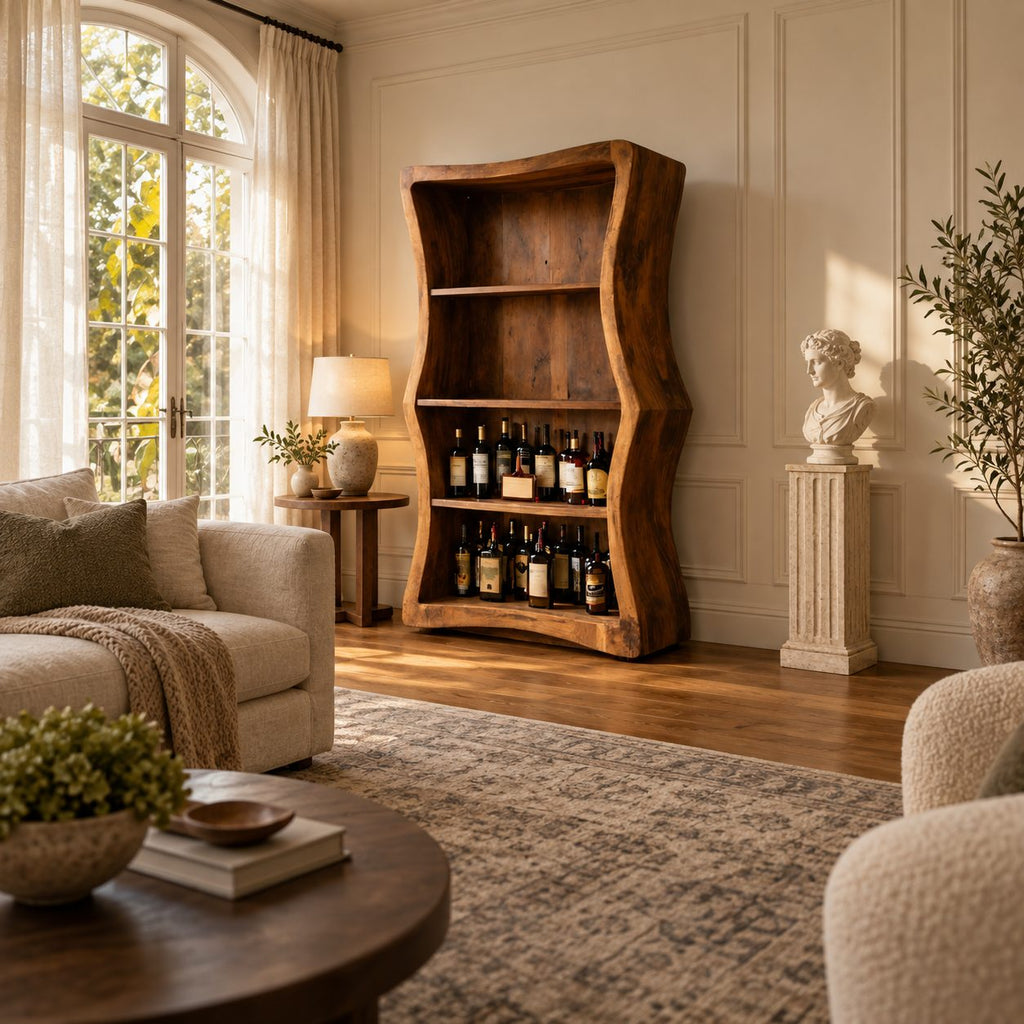 Wavy Side Panel Open Bar Cabinet with Three Display Shelves, Hand Carved Solid Wood Wine Storage