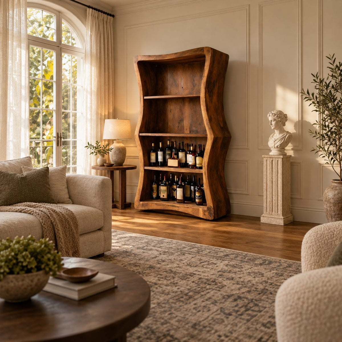 Wavy Side Panel Open Bar Cabinet with Three Display Shelves, Hand Carved Solid Wood Wine Storage
