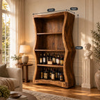 Wavy Side Panel Open Bar Cabinet with Three Display Shelves, Hand Carved Solid Wood Wine Storage