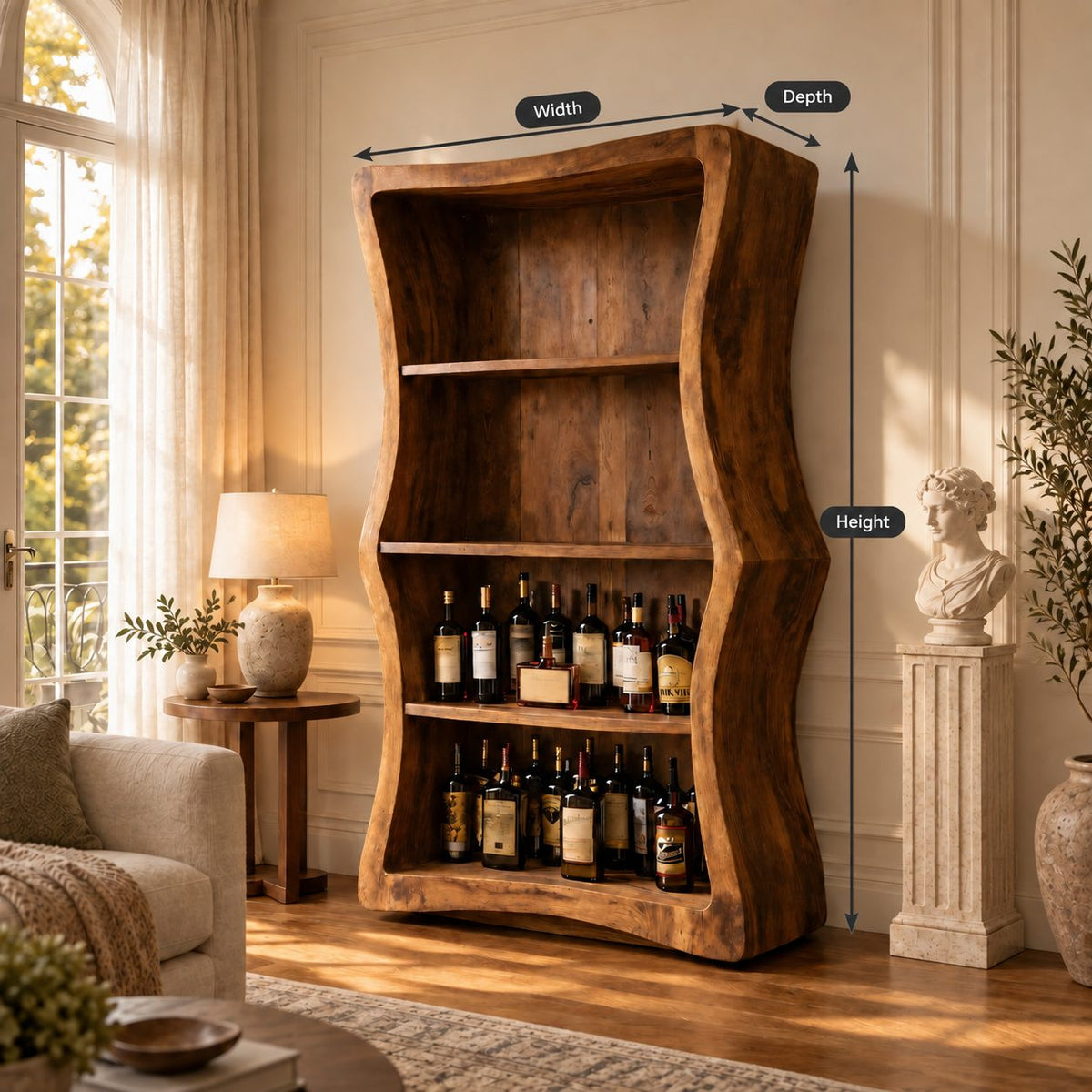 Wavy Side Panel Open Bar Cabinet with Three Display Shelves, Hand Carved Solid Wood Wine Storage