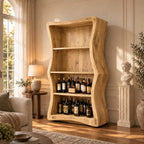 Wavy Side Panel Open Bar Cabinet with Three Display Shelves, Hand Carved Solid Wood Wine Storage