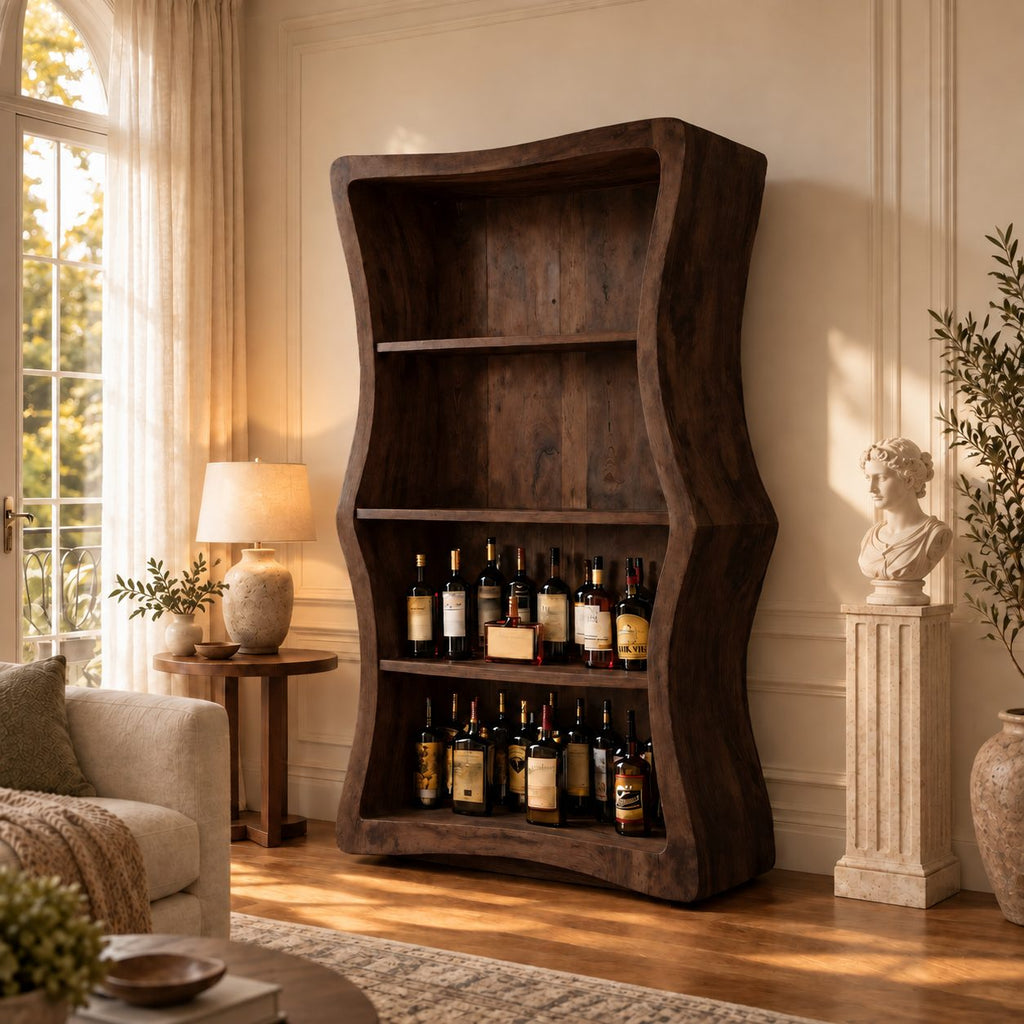 Wavy Side Panel Open Bar Cabinet with Three Display Shelves, Hand Carved Solid Wood Wine Storage
