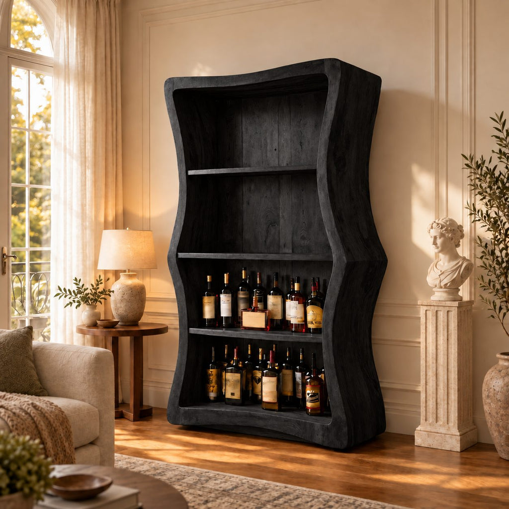 Wavy Side Panel Open Bar Cabinet with Three Display Shelves, Hand Carved Solid Wood Wine Storage