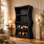 Wavy Side Panel Open Bar Cabinet with Three Display Shelves, Hand Carved Solid Wood Wine Storage