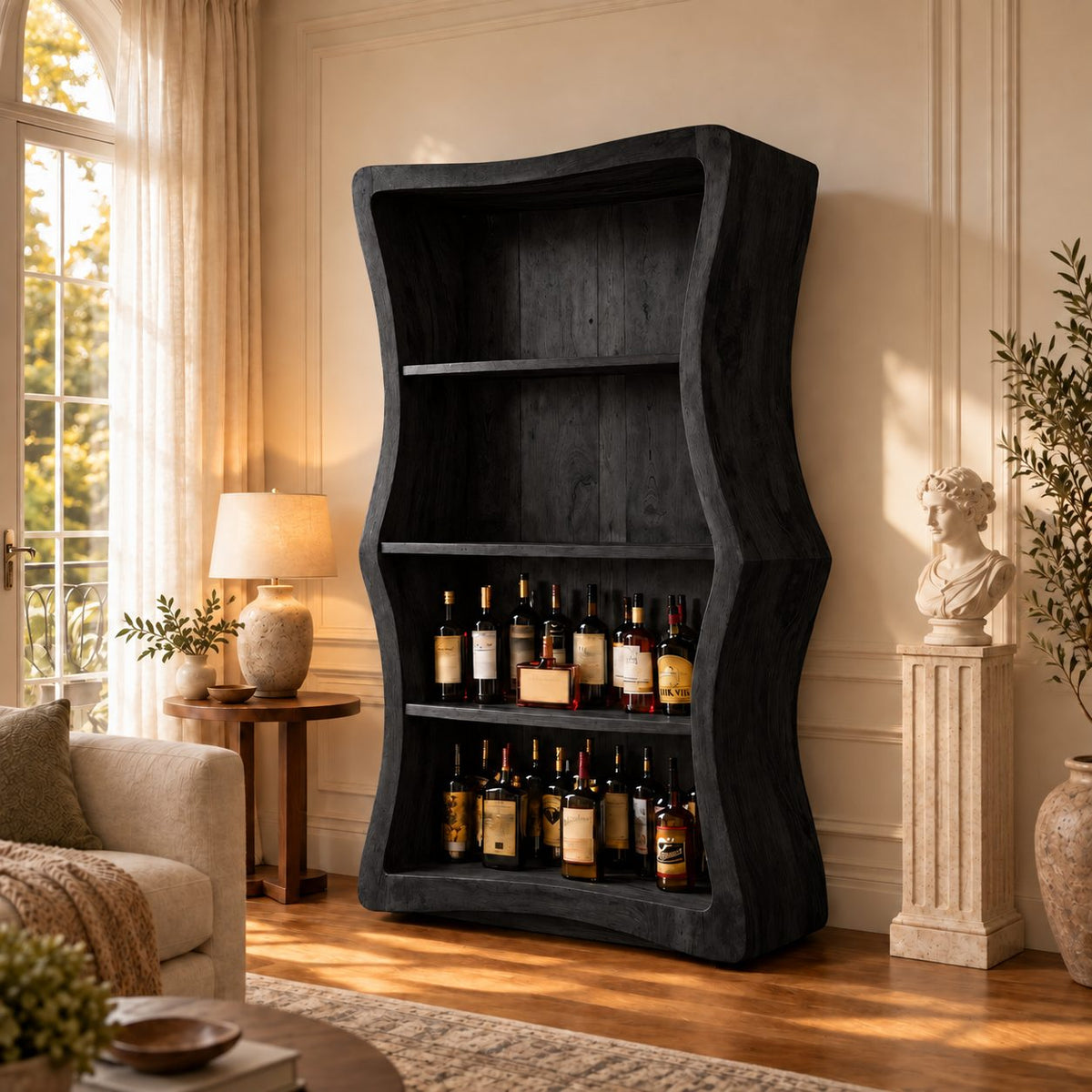 Wavy Side Panel Open Bar Cabinet with Three Display Shelves, Hand Carved Solid Wood Wine Storage