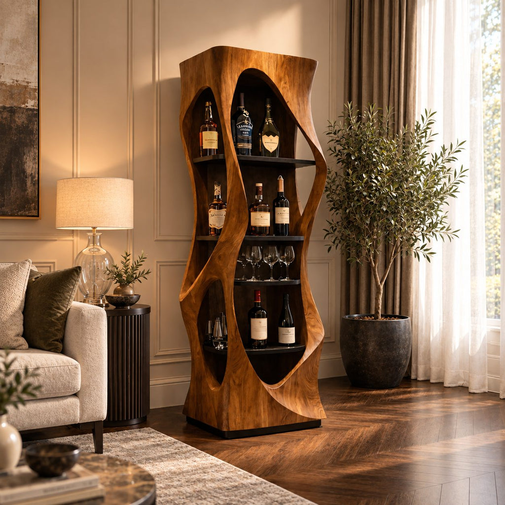 Slim Pinched Tower Bar Cabinet with Oval Cutout Sides and Stacked Shelves, Solid Wood Wine Display