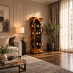 Slim Pinched Tower Bar Cabinet with Oval Cutout Sides and Stacked Shelves, Solid Wood Wine Display