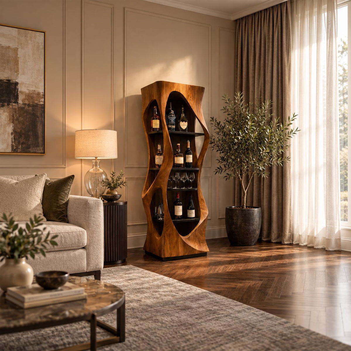 Slim Pinched Tower Bar Cabinet with Oval Cutout Sides and Stacked Shelves, Solid Wood Wine Display