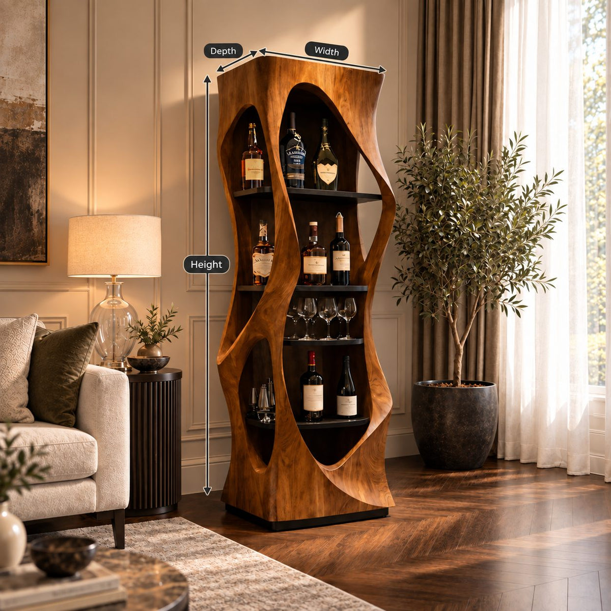 Slim Pinched Tower Bar Cabinet with Oval Cutout Sides and Stacked Shelves, Solid Wood Wine Display