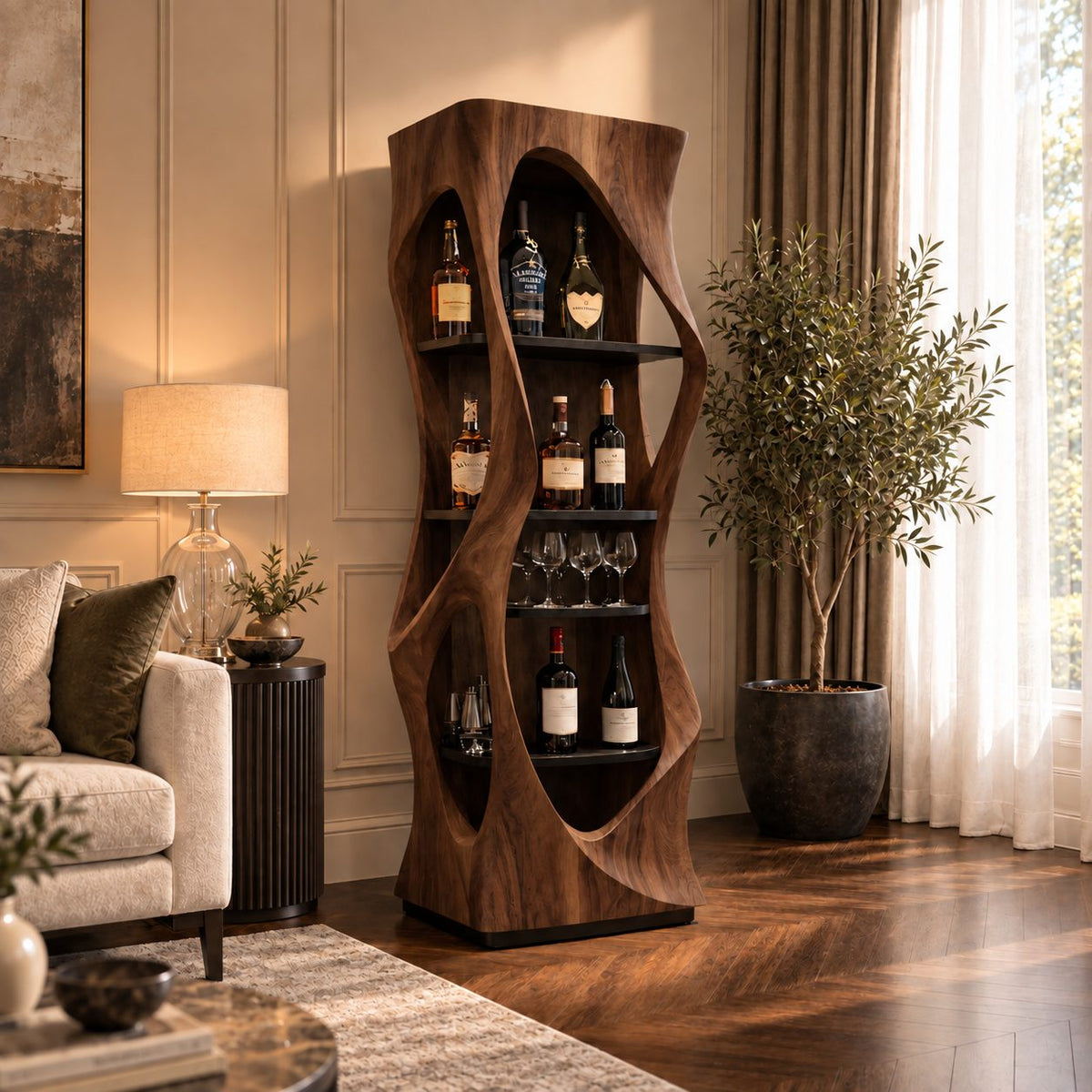 Slim Pinched Tower Bar Cabinet with Oval Cutout Sides and Stacked Shelves, Solid Wood Wine Display