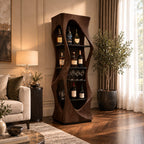 Slim Pinched Tower Bar Cabinet with Oval Cutout Sides and Stacked Shelves, Solid Wood Wine Display