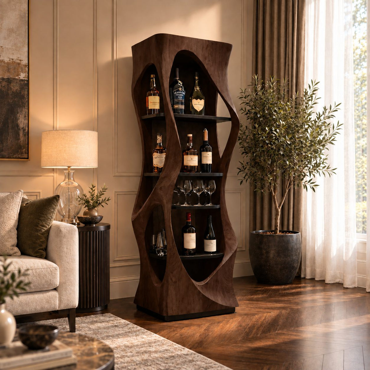 Slim Pinched Tower Bar Cabinet with Oval Cutout Sides and Stacked Shelves, Solid Wood Wine Display