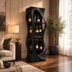 Slim Pinched Tower Bar Cabinet with Oval Cutout Sides and Stacked Shelves, Solid Wood Wine Display
