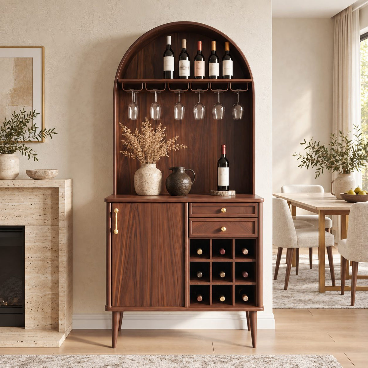 Arched Top Wine Cabinet with Stemware Rack, Drawers and Bottle Cubbies, Solid Wood Tall Bar Hutch on Legs