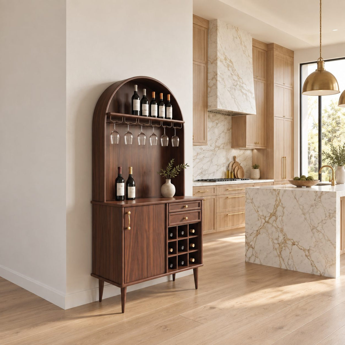 Arched Top Wine Cabinet with Stemware Rack, Drawers and Bottle Cubbies, Solid Wood Tall Bar Hutch on Legs