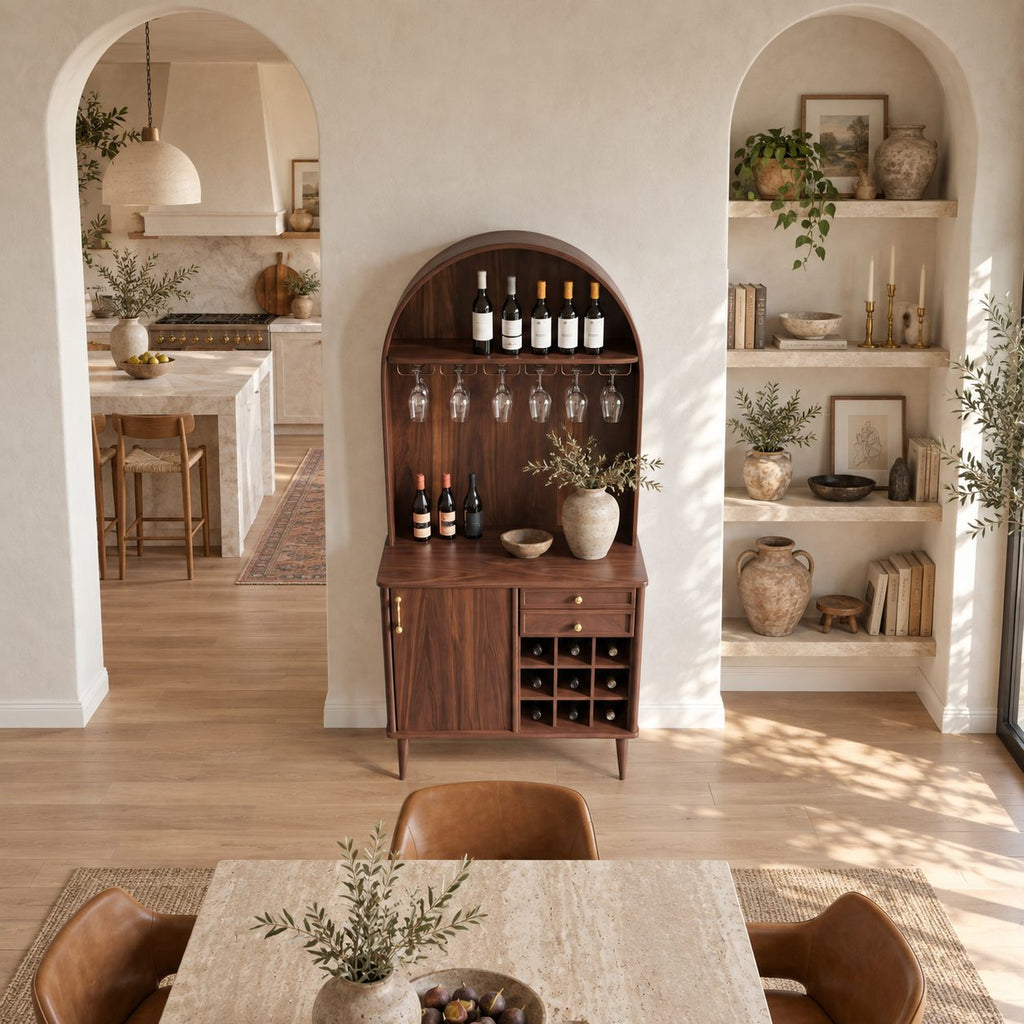 Arched Top Wine Cabinet with Stemware Rack, Drawers and Bottle Cubbies, Solid Wood Tall Bar Hutch on Legs