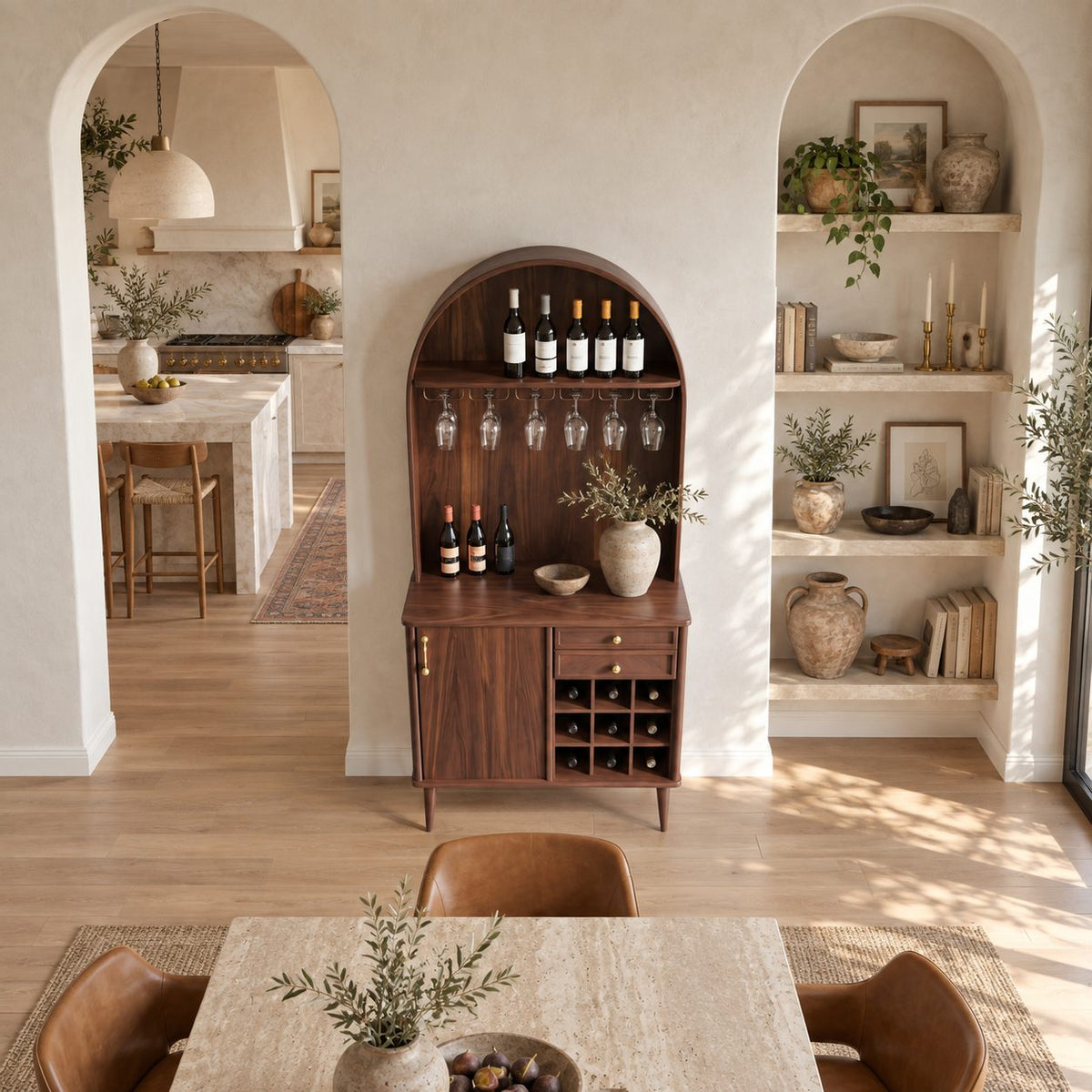 Arched Top Wine Cabinet with Stemware Rack, Drawers and Bottle Cubbies, Solid Wood Tall Bar Hutch on Legs