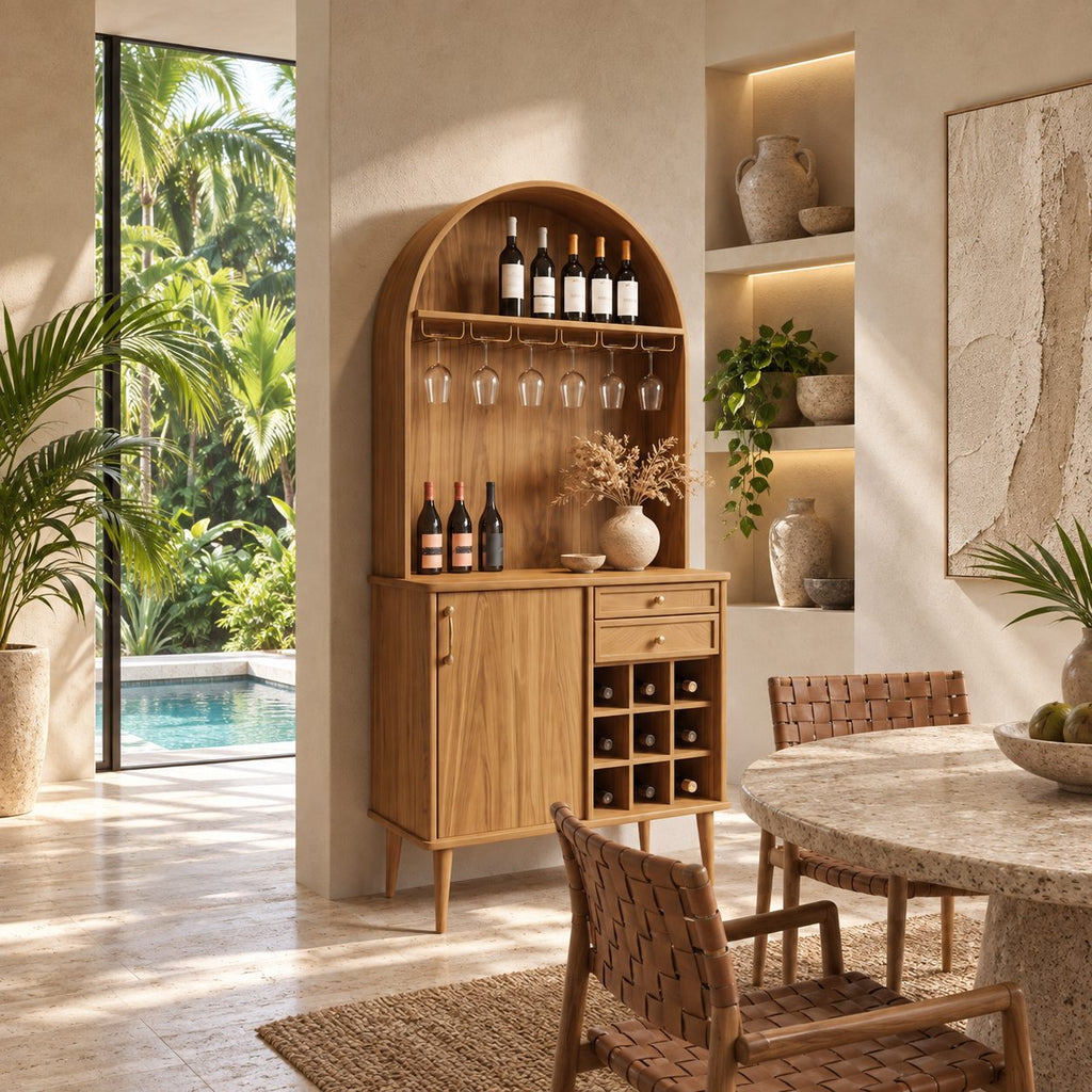 Arched Top Wine Cabinet with Stemware Rack, Drawers and Bottle Cubbies, Solid Wood Tall Bar Hutch on Legs
