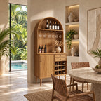 Arched Top Wine Cabinet with Stemware Rack, Drawers and Bottle Cubbies, Solid Wood Tall Bar Hutch on Legs