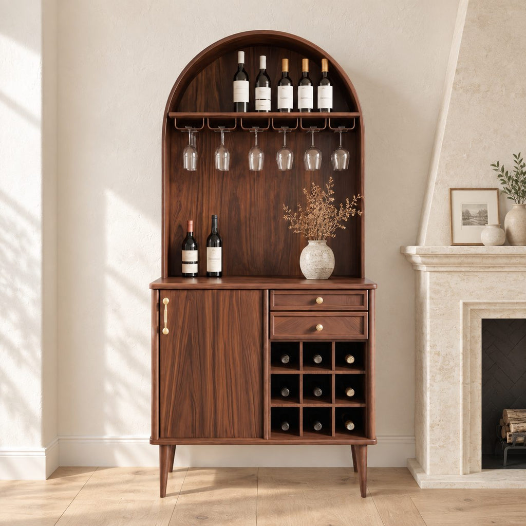 Arched Top Wine Cabinet with Stemware Rack, Drawers and Bottle Cubbies, Solid Wood Tall Bar Hutch on Legs