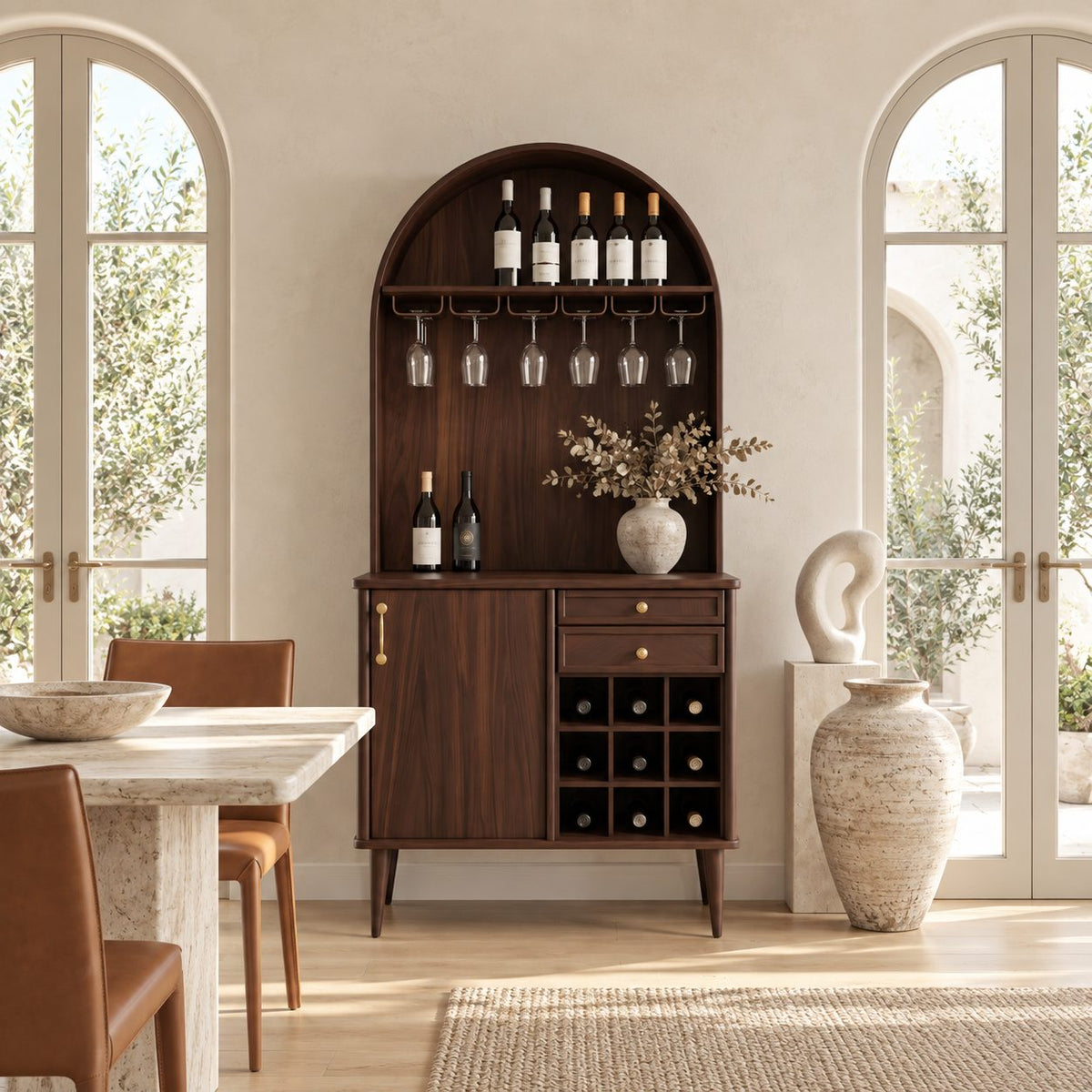 Arched Top Wine Cabinet with Stemware Rack, Drawers and Bottle Cubbies, Solid Wood Tall Bar Hutch on Legs