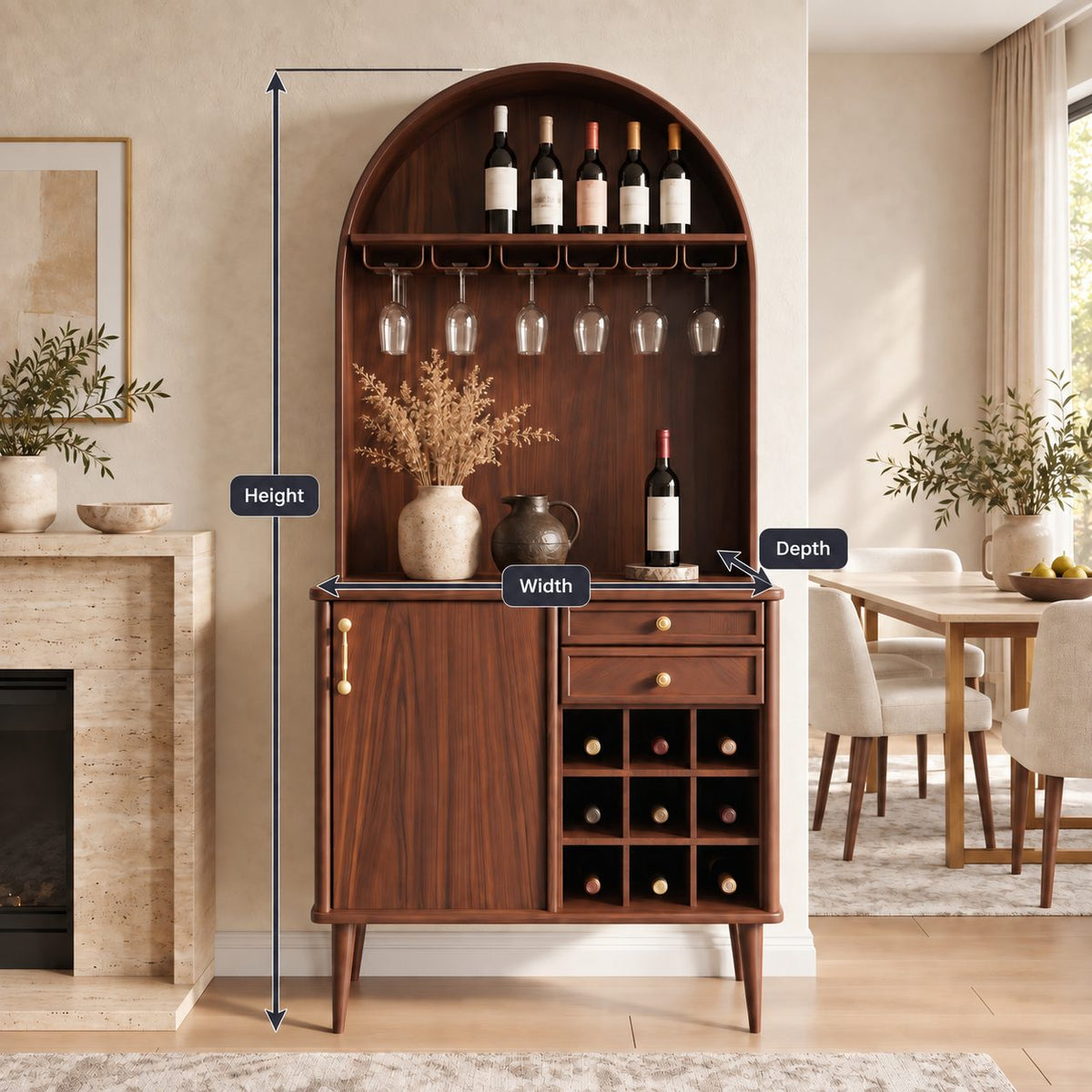 Arched Top Wine Cabinet with Stemware Rack, Drawers and Bottle Cubbies, Solid Wood Tall Bar Hutch on Legs