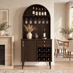 Arched Top Wine Cabinet with Stemware Rack, Drawers and Bottle Cubbies, Solid Wood Tall Bar Hutch on Legs
