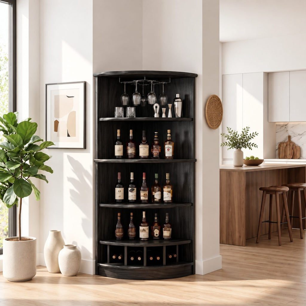 Corner Wine Cabinet with Curved Front Shelves and Bottle Cubbies, Solid Wood Quarter Round Bar Cabinet