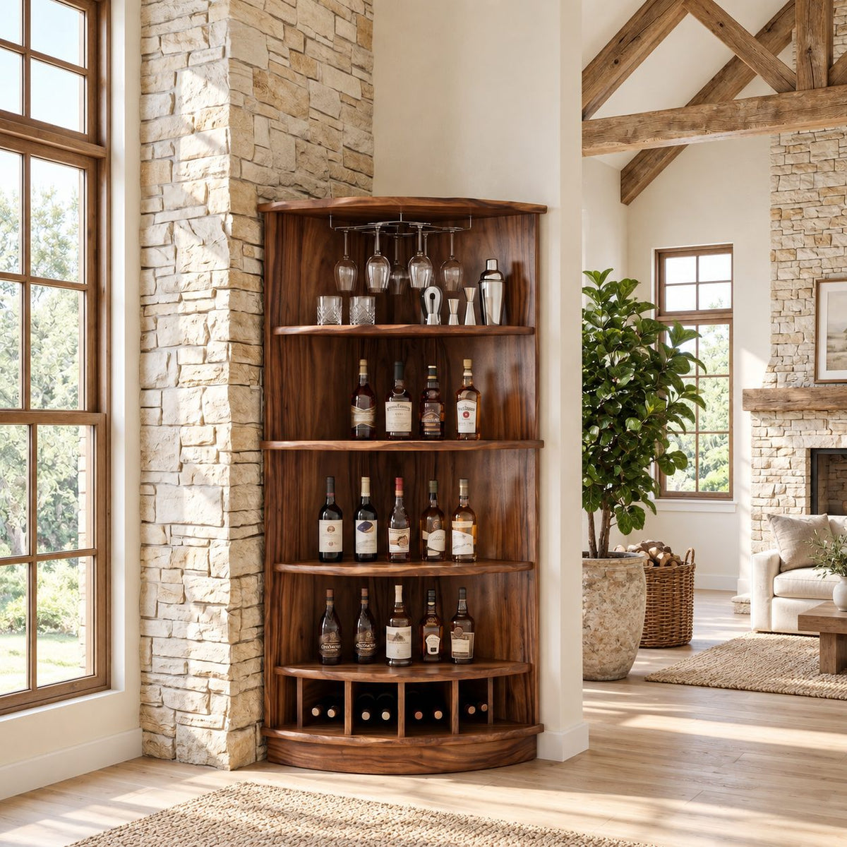 Corner Wine Cabinet with Curved Front Shelves and Bottle Cubbies, Solid Wood Quarter Round Bar Cabinet