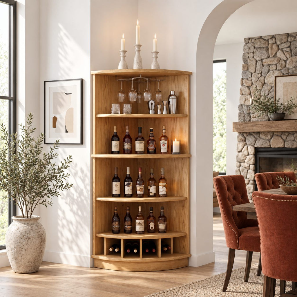 Corner Wine Cabinet with Curved Front Shelves and Bottle Cubbies, Solid Wood Quarter Round Bar Cabinet