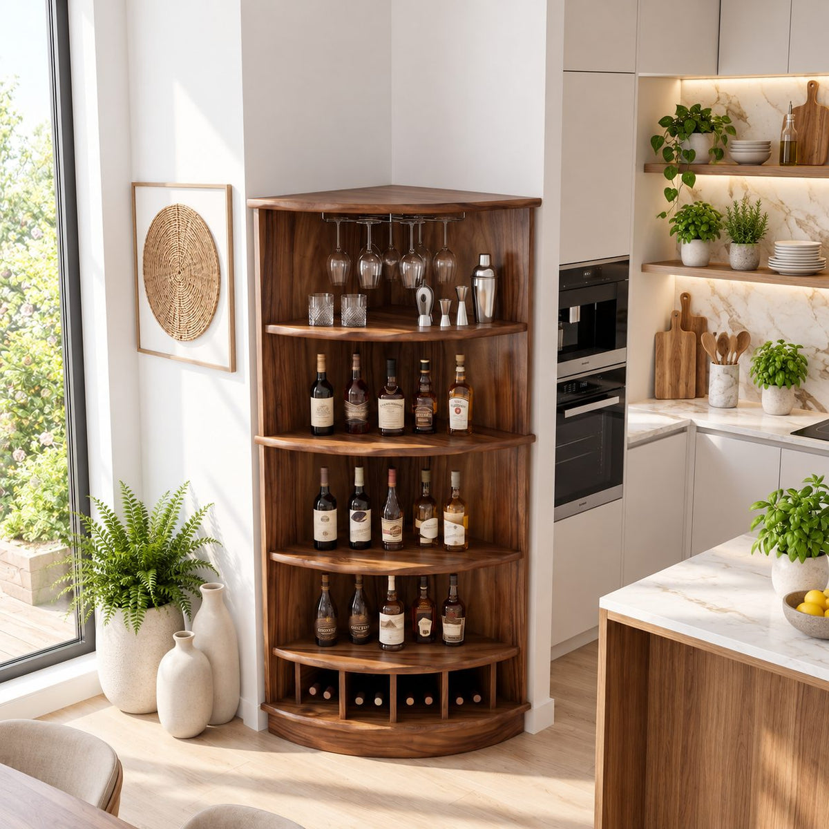 Corner Wine Cabinet with Curved Front Shelves and Bottle Cubbies, Solid Wood Quarter Round Bar Cabinet