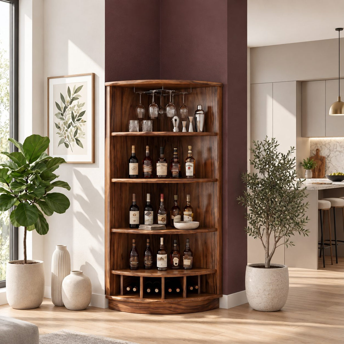 Corner Wine Cabinet with Curved Front Shelves and Bottle Cubbies, Solid Wood Quarter Round Bar Cabinet