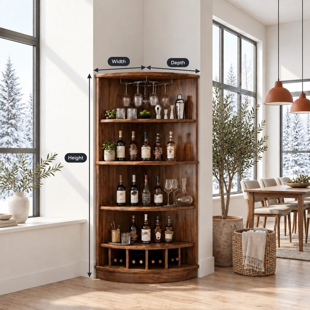 Corner Wine Cabinet with Curved Front Shelves and Bottle Cubbies, Solid Wood Quarter Round Bar Cabinet