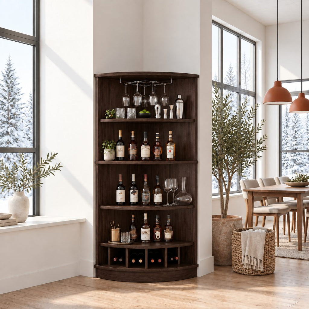 Corner Wine Cabinet with Curved Front Shelves and Bottle Cubbies, Solid Wood Quarter Round Bar Cabinet