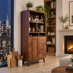 Tall Hutch Bar Cabinet with Open Cubbies, Wine Slots, Door and Four Drawers, Solid Wood Mid Century Storage