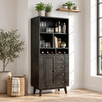 Tall Hutch Bar Cabinet with Open Cubbies, Wine Slots, Door and Four Drawers, Solid Wood Mid Century Storage