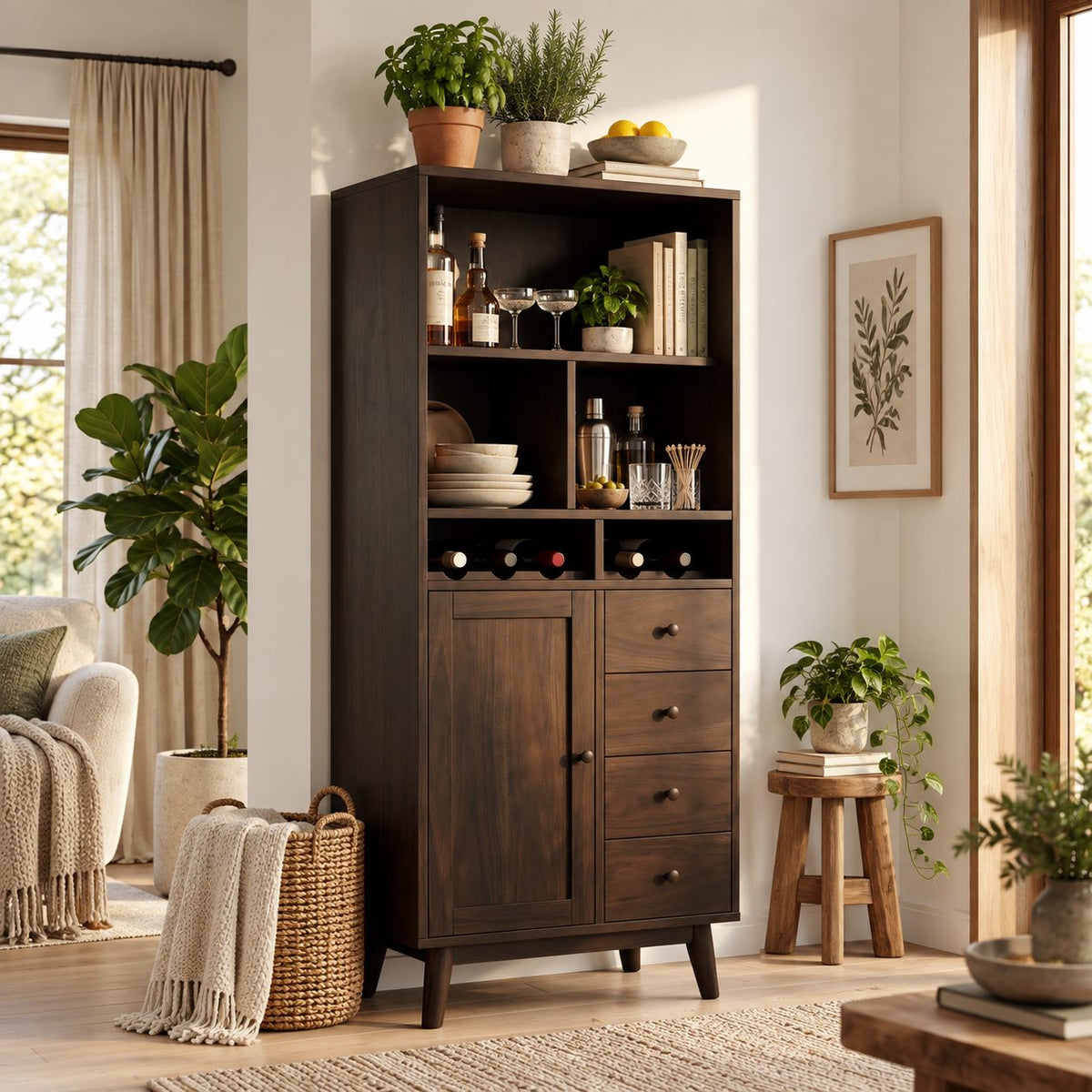 Tall Hutch Bar Cabinet with Open Cubbies, Wine Slots, Door and Four Drawers, Solid Wood Mid Century Storage