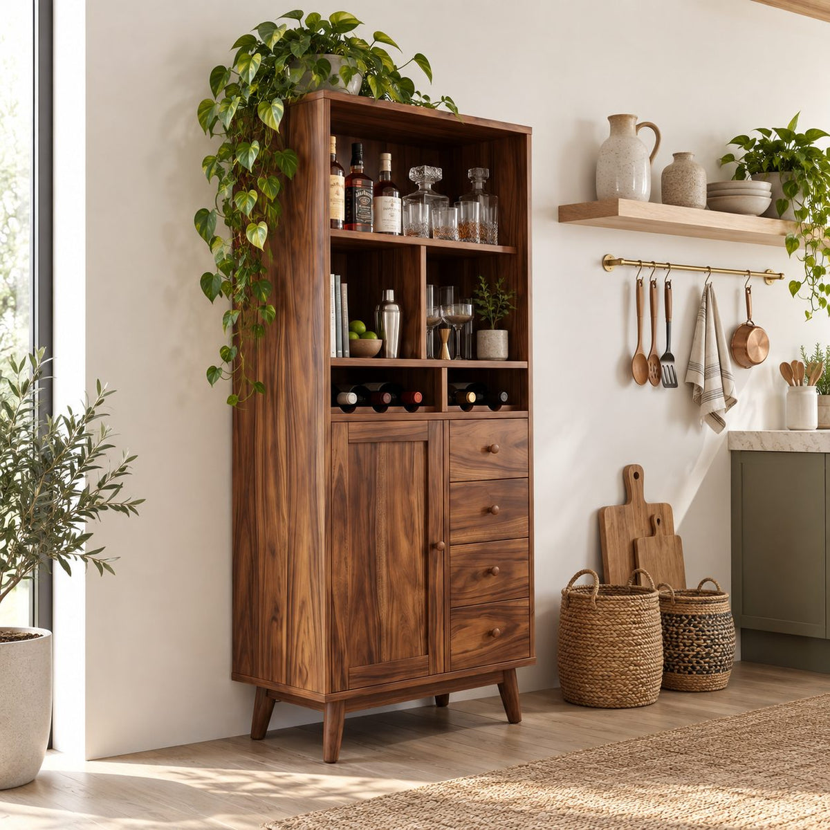 Tall Hutch Bar Cabinet with Open Cubbies, Wine Slots, Door and Four Drawers, Solid Wood Mid Century Storage